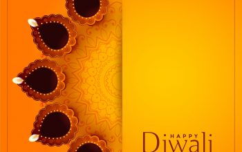 happy diwali yellow background with decorative diya